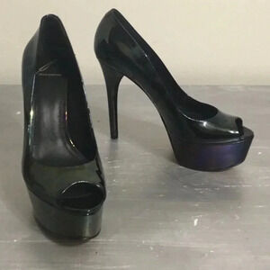 Brian Atwood Black Patent Peep-Toe Platform Pumps